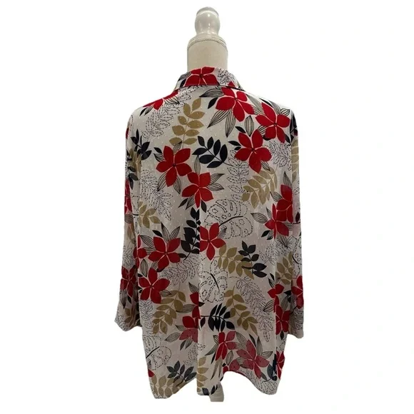 Alfred Dunner White w Red Multi Floral 3/4 Sleeve Top Plus Size 22W Swiss Dot - Picture 2 of 8